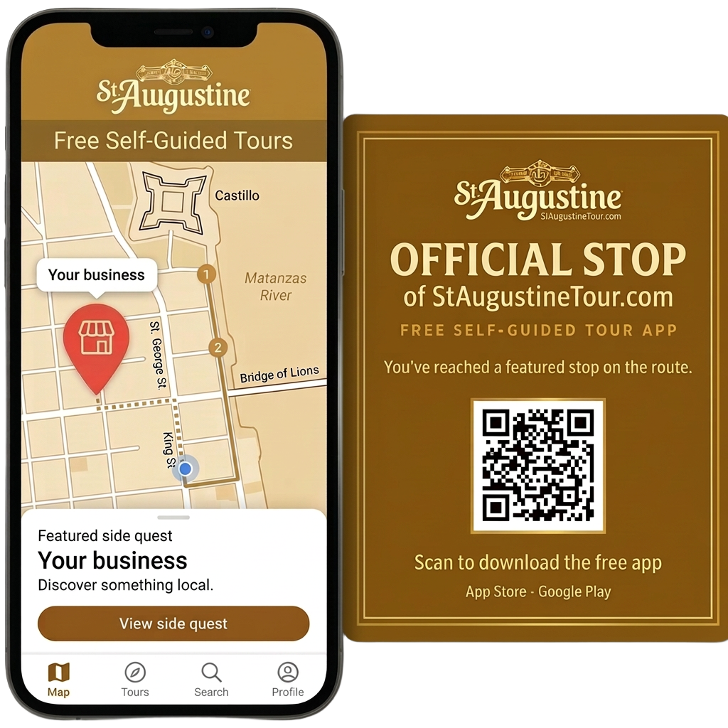 Illustrative Free Self-Guided Tours app map on a phone screen with a coral Your business pin, resting in front of an Official Stop of StAugustineTour.com door sign with a QR code